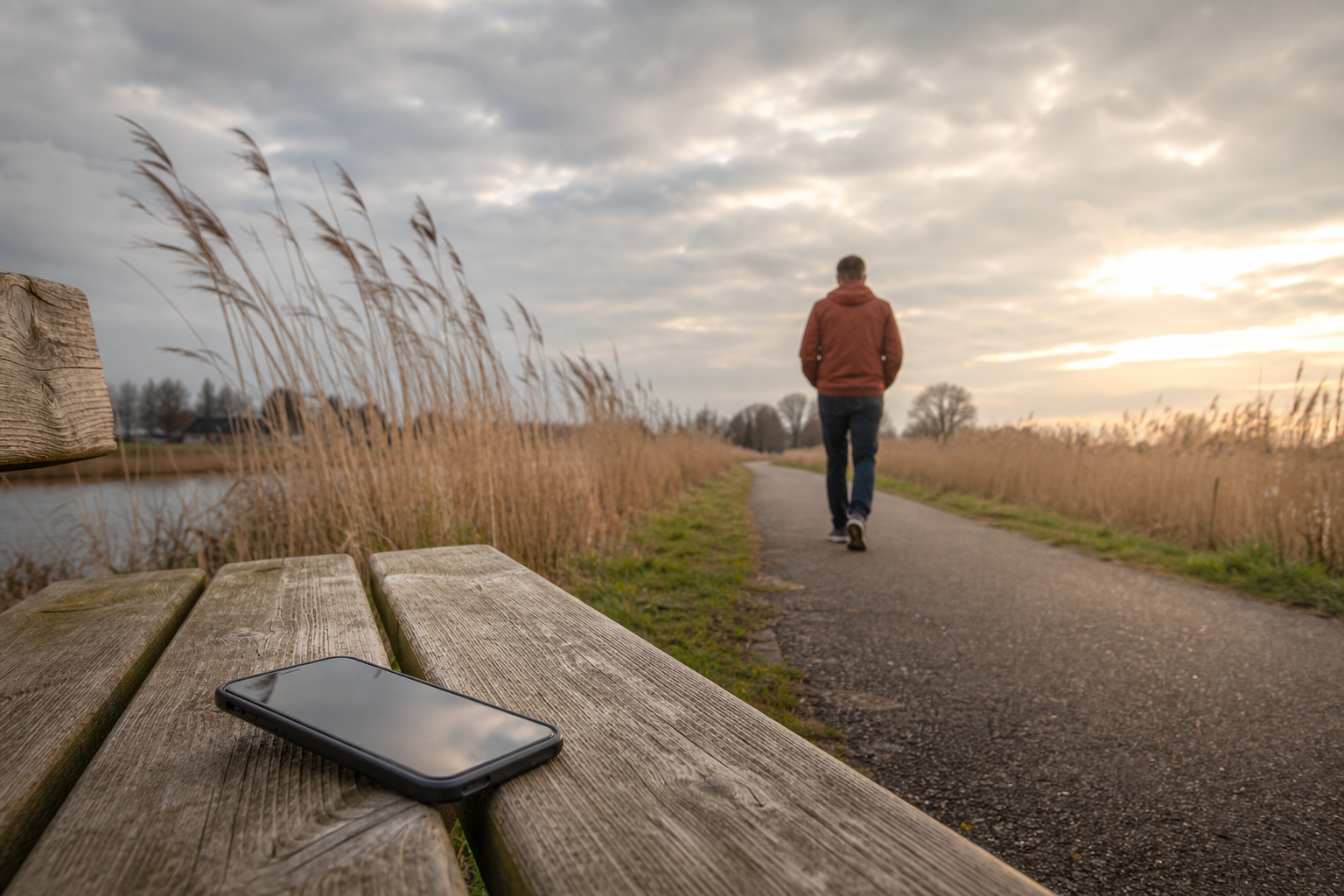 Een telefoon ligt op een houten bank terwijl iemand langs het riet wegloopt