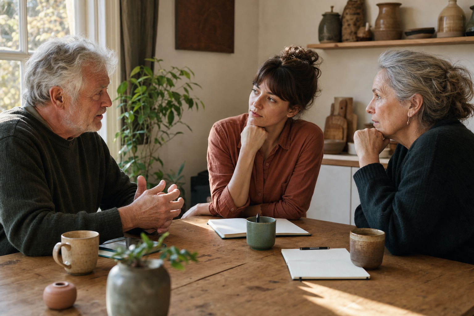 Drie volwassenen luisteren aandachtig naar elkaar aan een houten tafel